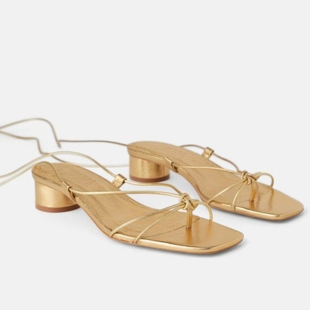 ZARA - STRAPPY GOLD LEATHER HEELS - SZ 39